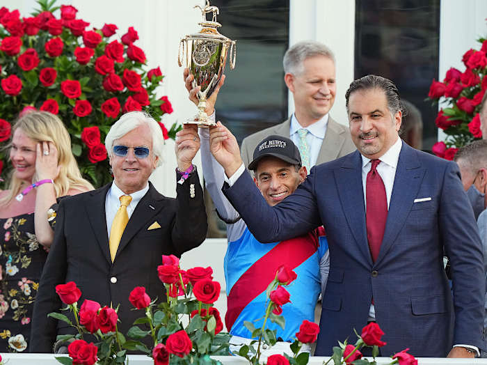 The Medina Spirit team, including trainer Bob Baffert, celebrate winning the 2021 Kentucky Derby.